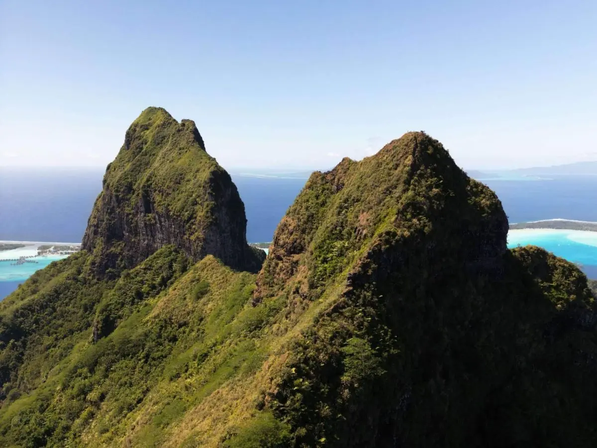 Drone shot of Mount Pahia Hiking Trail, the best hike in Bora Bora, French Polynesia