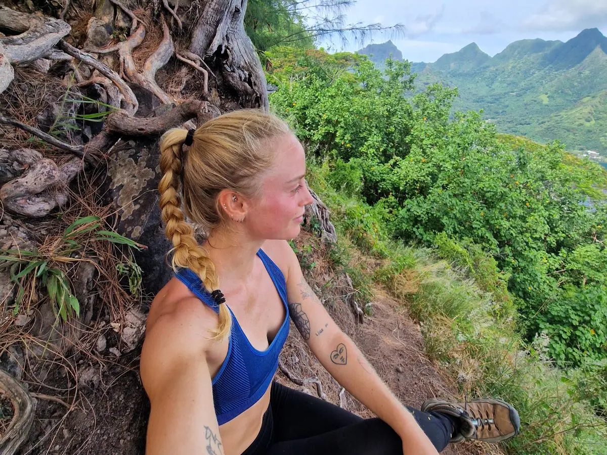 Hiker on the Mount Rotui Hiking Trail in Moorea, French Polynesia