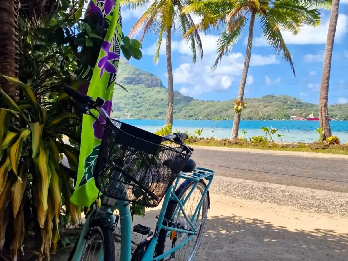A bicycle on the road in Bora Bora on a one day itinerary cycling around the island