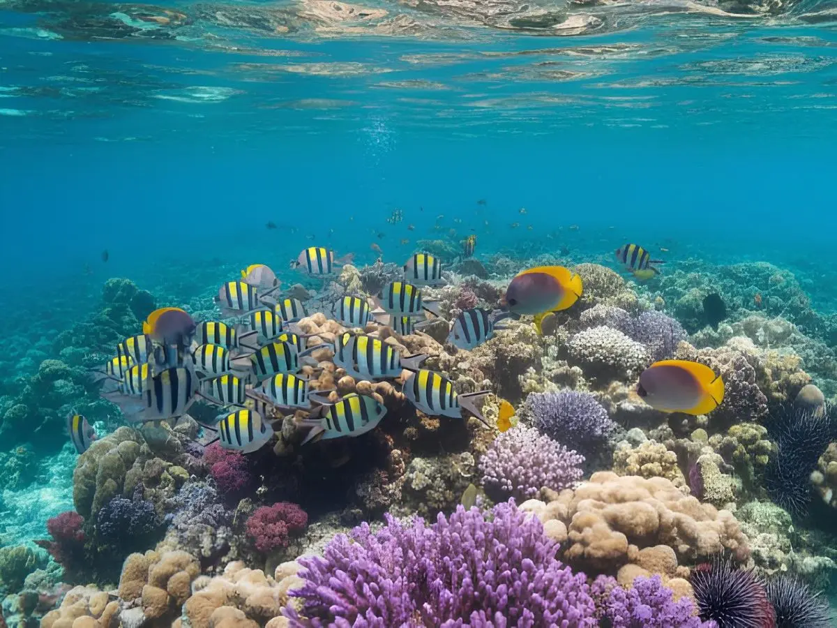Colorful fish at the drift snorkeling spot Coral Garden in Taha'a, French Polynesia