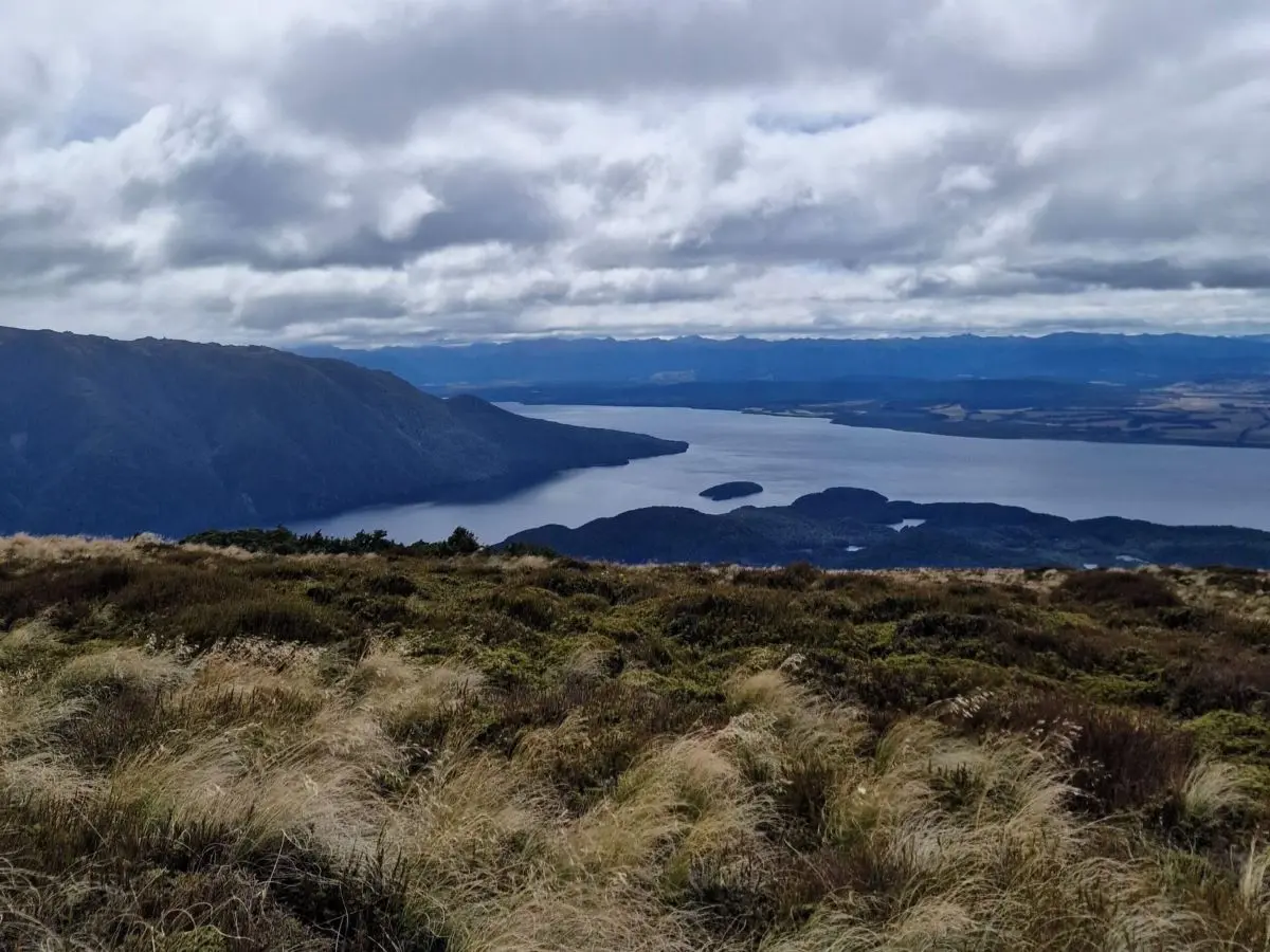 Panoramic view of Lake Te Anau and the Murchison Mountains from the Kepler Track bushline, New Zealand.