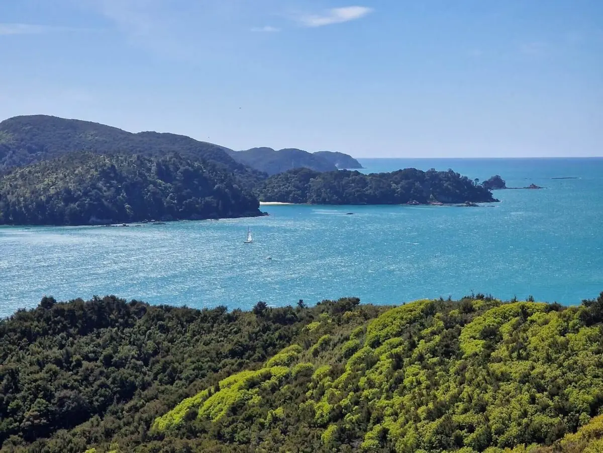 View of a sail boat, walking along the Abel Tasman Coast Track in New Zealand