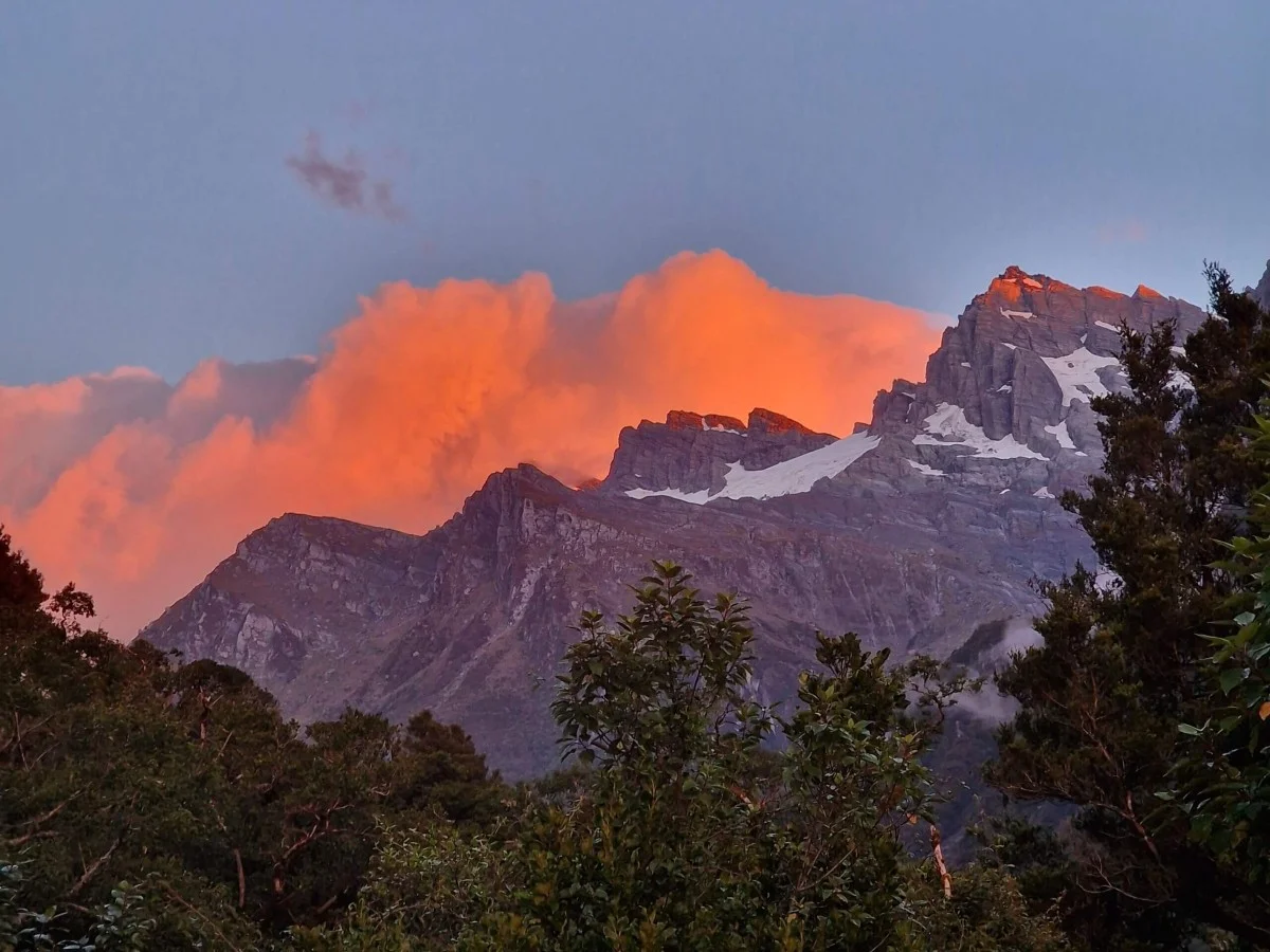 Sunset from the Welcome Flat hut. An amazing adventure on the Copland Track on the West Coast of New Zealand.